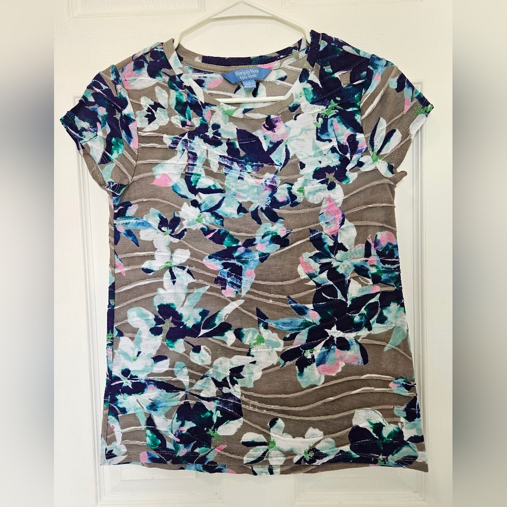 Simply Vera Vera Wang Blue and White Fitted Short Sleeve Tee Size S